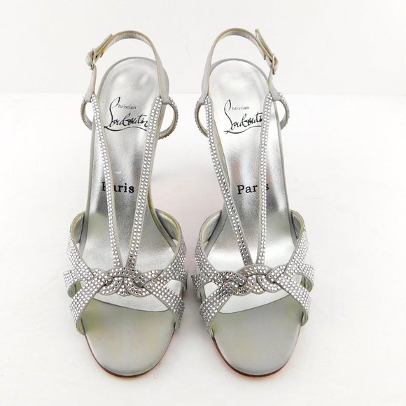 CHRISTIAN LOUBOUTIN Crystal Encrusted Silver Satin Strass Evening Heels 37.5 - Picture 2 of 9